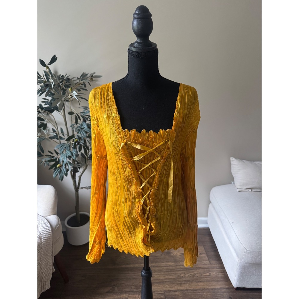 Ashley Stewart Mustard Yellow Crinkle Pleated Lace Up Corset Top 1X Whimsygoth